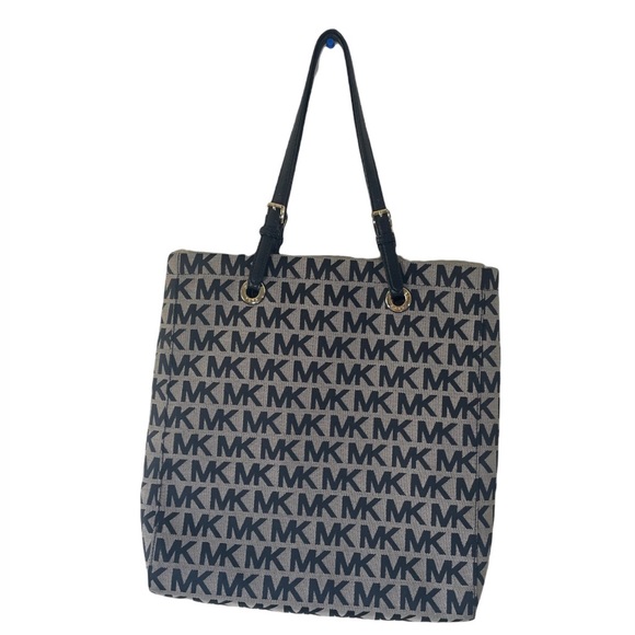 Michael Kors MK Black Fabric Monogram Tote Bag w/ Black Leather Trim